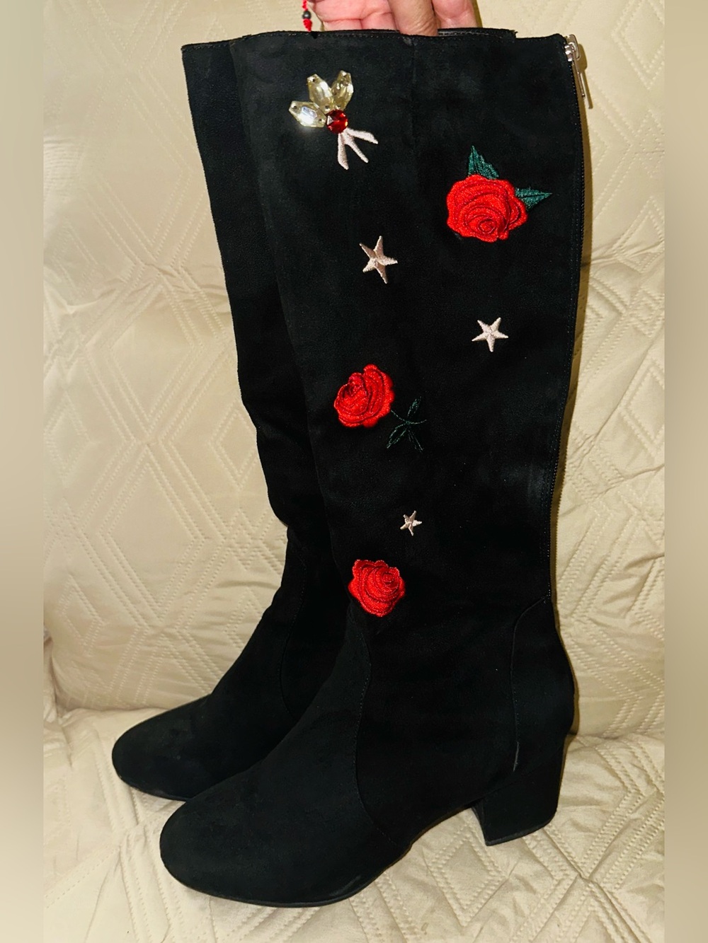 Betsey Johnson Black Over-the-Knee Boots with Red Rose Embroidery